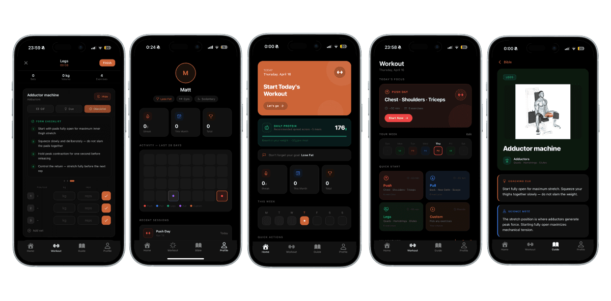 Krato app screens — workout logging, home dashboard, today's session, weekly plan, and exercise coaching cues